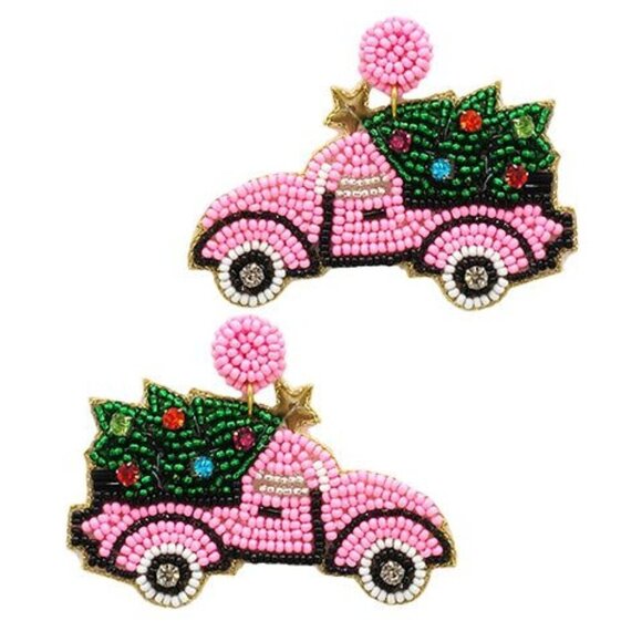 Pink Christmas Tree & Truck Earrings - Picture 1 of 1